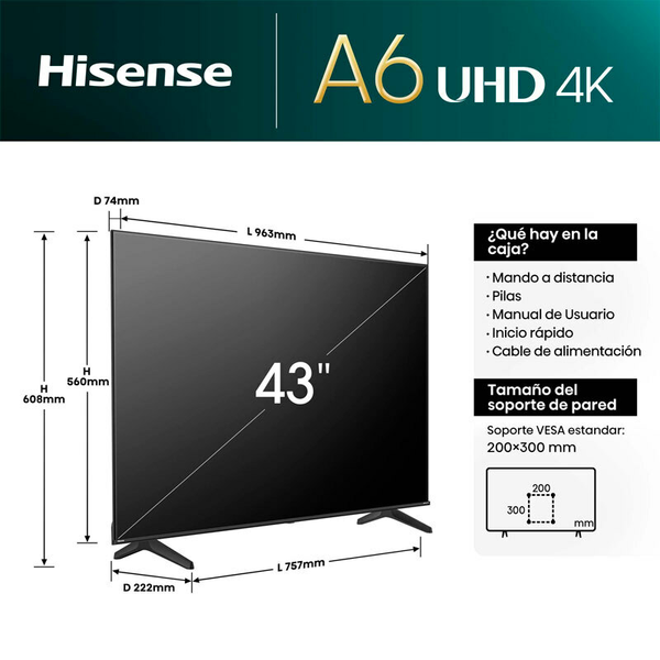 Televisor Hisense 43A6N LED 4K de 43"