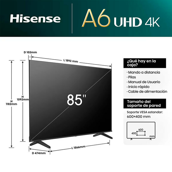 Televisor Hisense 85A6N LED 4K de 85"