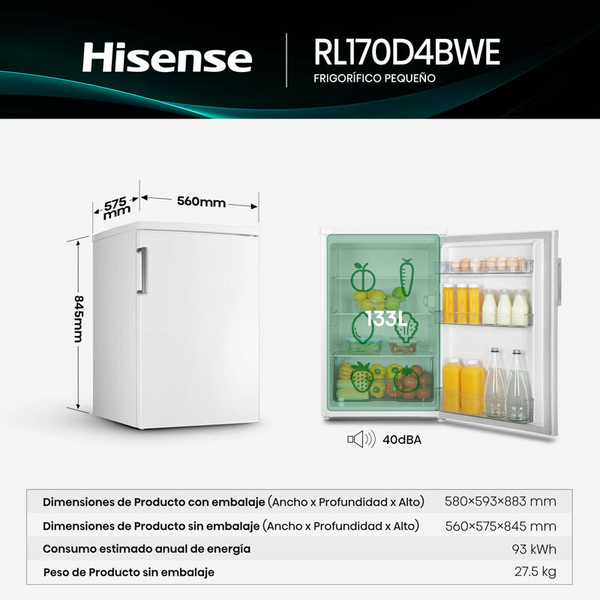 Frigorífico 1 Puerta Hisense RL170D4BWE Blanco