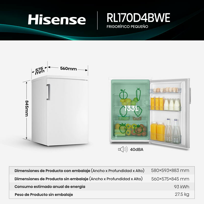 Frigorífico 1 Puerta Hisense RL170D4BWE Blanco