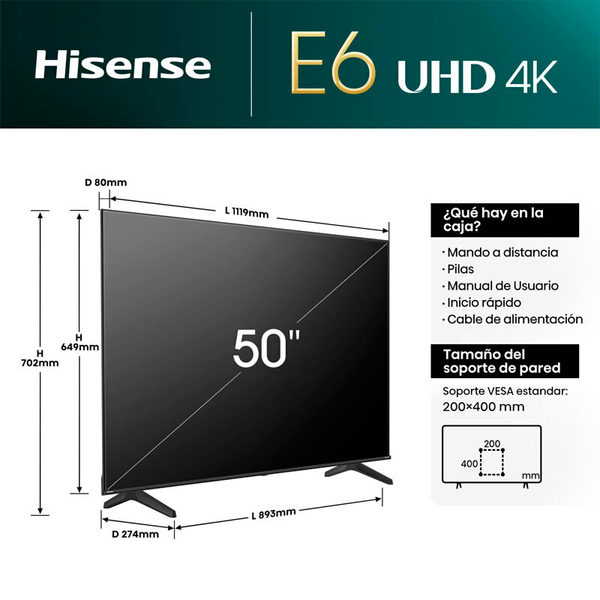 Televisor Hisense 50E6NT LED 4K de 50"